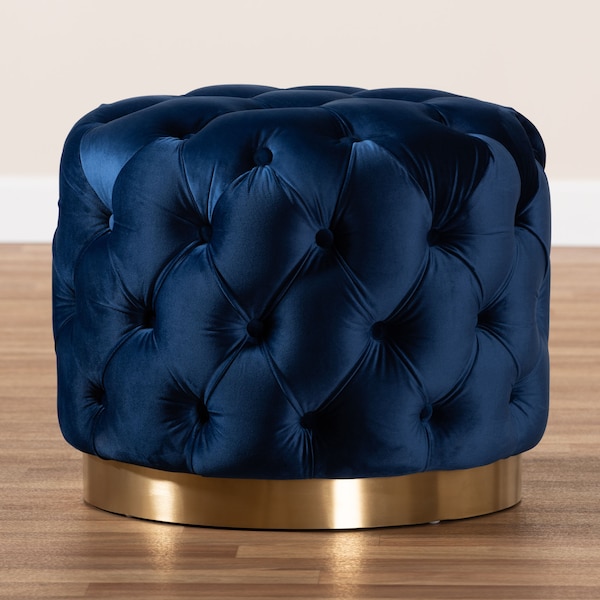 Baxton Studio Valeria Blue Velvet Upholstered Gold-Finished Button Tufted Ottoman - 152-9376