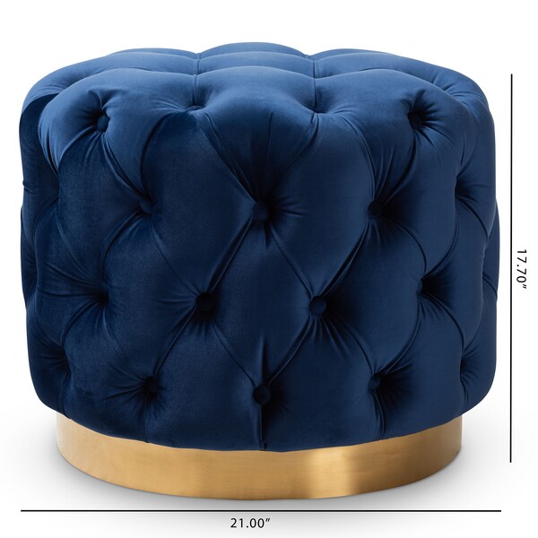 Baxton Studio Valeria Blue Velvet Upholstered Gold-Finished Button Tufted Ottoman - 152-9376