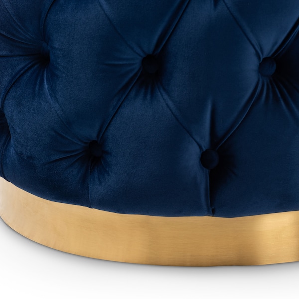 Baxton Studio Valeria Blue Velvet Upholstered Gold-Finished Button Tufted Ottoman - 152-9376