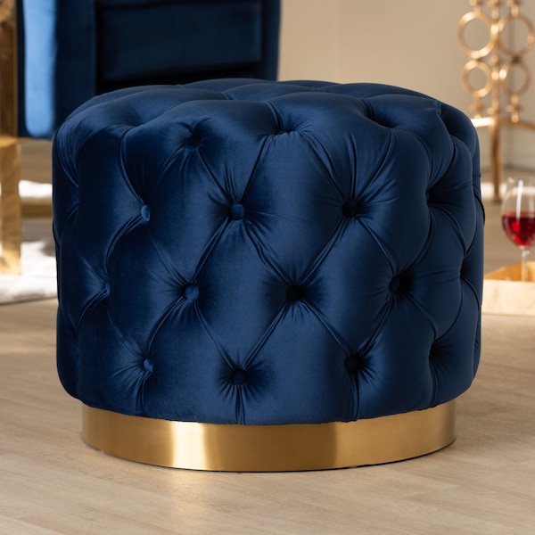 Baxton Studio Valeria Blue Velvet Upholstered Gold-Finished Button Tufted Ottoman - 152-9376