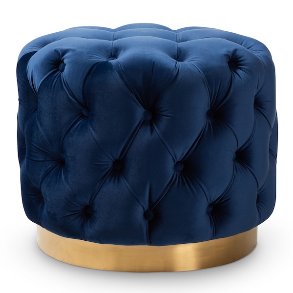 Baxton Studio Valeria Blue Velvet Upholstered Gold-Finished Button Tufted Ottoman - 152-9376