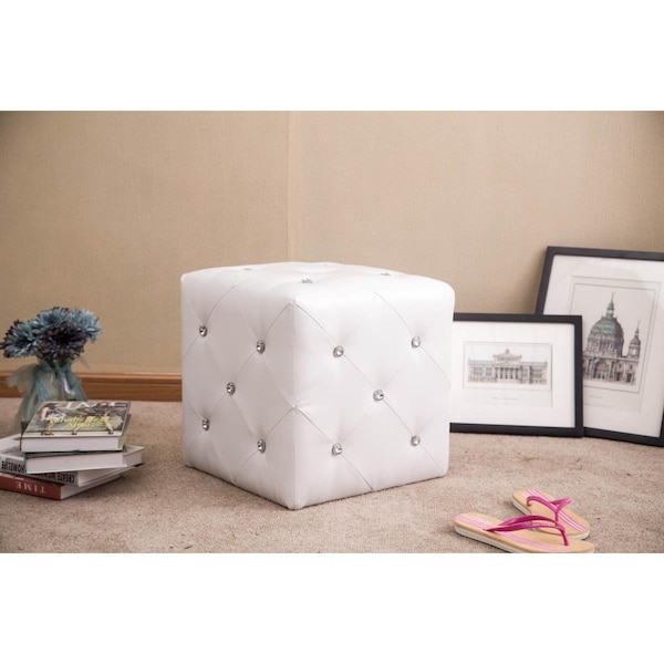 Warehouse Of Tiffany Forza White Cubed Ottoman Stool with Crystal Accents, Cream - WTF1343 WHITE