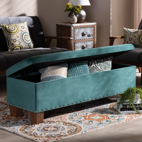 Baxton Studio Hannah Teal Blue Velvet Upholstered Tufted Storage Ottoman Bench - 160-9933