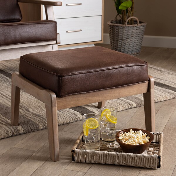 Baxton Studio Sigrid Dark Brown Upholstered Antique Oak Finished Wood Ottoman - 162-10405