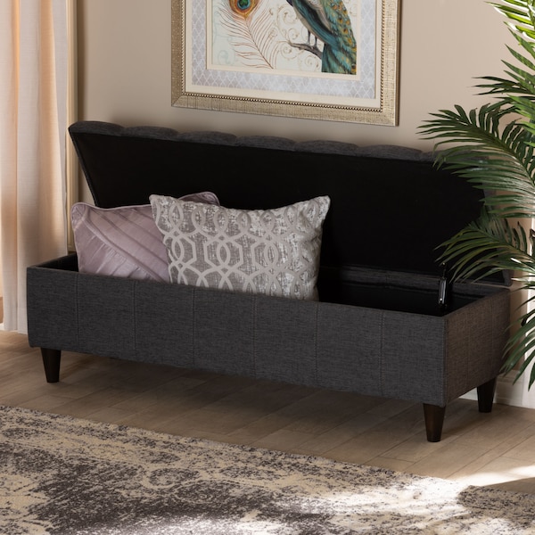 Baxton Studio Brette Charcoal Upholstered Brown Wood Storage Bench Ottoman - 155-9107