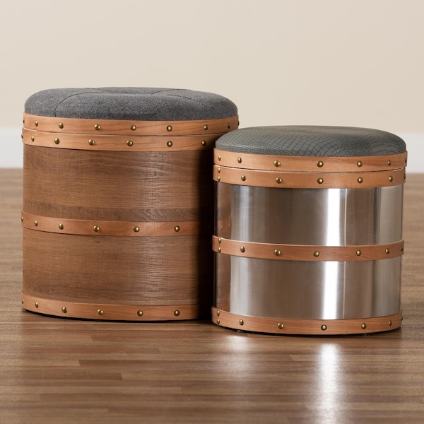 Baxton Studio Caleb Grey and Blue Upholstered 2-Piece Storage Ottoman Set - 165-10699