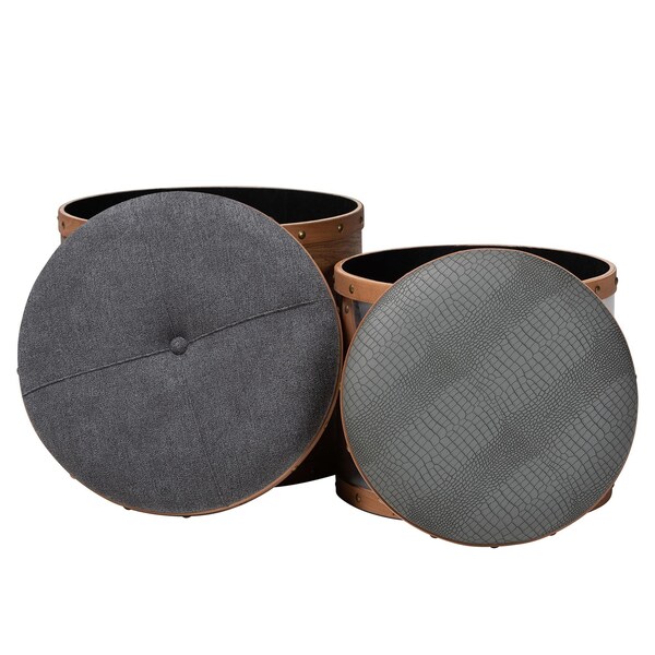 Baxton Studio Caleb Grey and Blue Upholstered 2-Piece Storage Ottoman Set - 165-10699