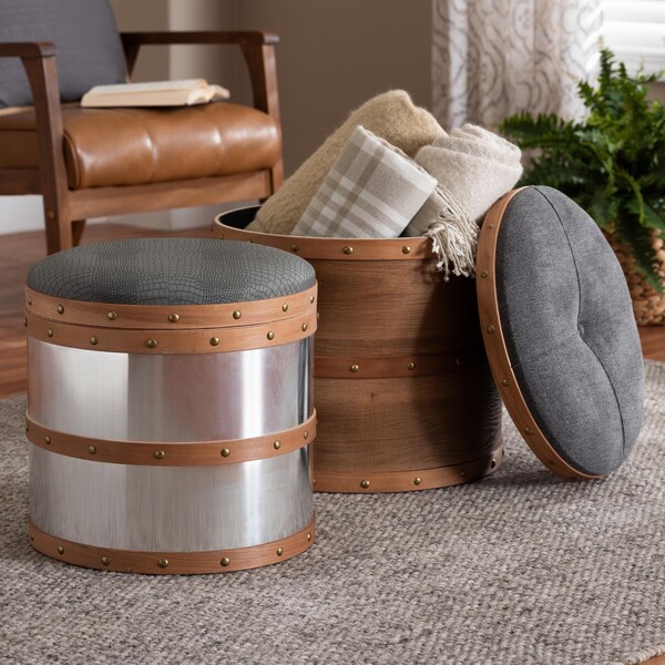 Baxton Studio Caleb Grey and Blue Upholstered 2-Piece Storage Ottoman Set - 165-10699