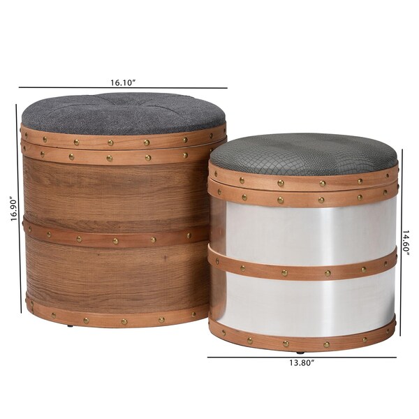 Baxton Studio Caleb Grey and Blue Upholstered 2-Piece Storage Ottoman Set - 165-10699