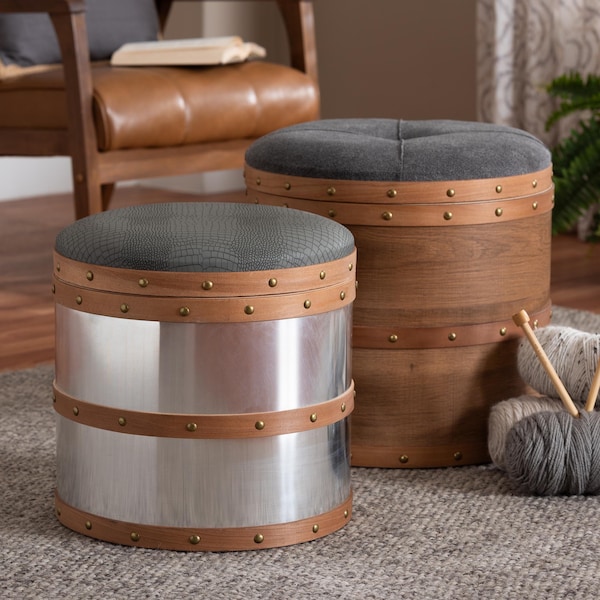 Baxton Studio Caleb Grey and Blue Upholstered 2-Piece Storage Ottoman Set - 165-10699