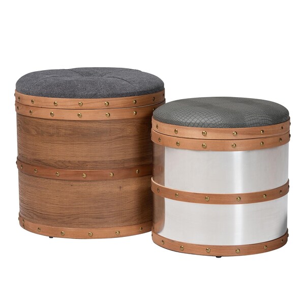 Baxton Studio Caleb Grey and Blue Upholstered 2-Piece Storage Ottoman Set - 165-10699