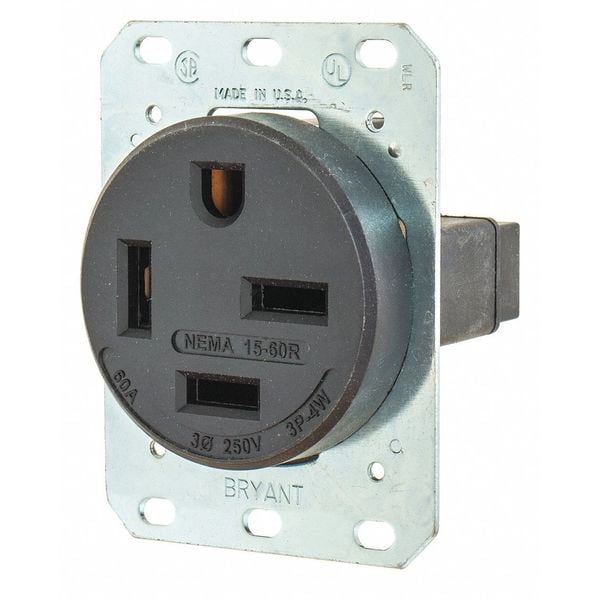 Receptáculo Zoro Select, 60 amperios, 250V AC, montaje al ras, toma individual, 15-60R, negro - 8460FR