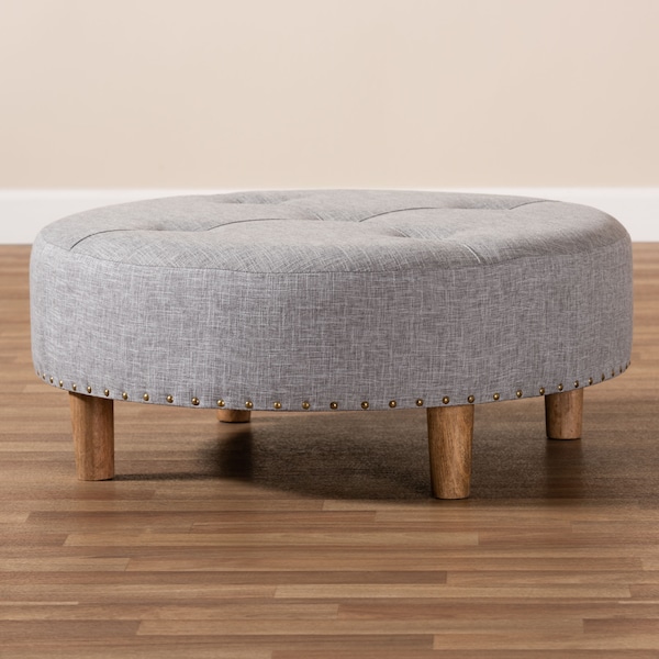 Baxton Studio Vinet Light Gray Upholstered Natural Wood Cocktail Ottoman - 153-9200