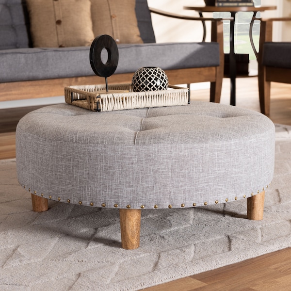 Baxton Studio Vinet Light Gray Upholstered Natural Wood Cocktail Ottoman - 153-9200