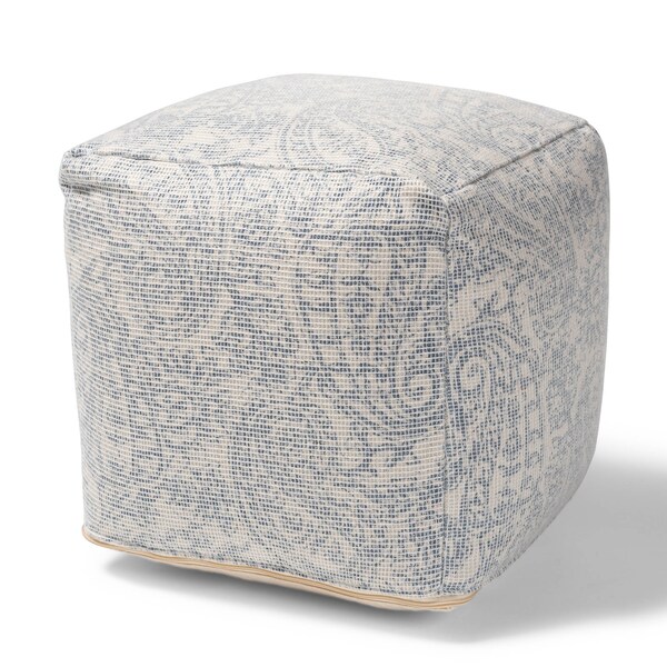 Baxton Studio Juvita Ivory and Blue Handwoven Cotton Paisley Pouf Ottoman - 158-9705