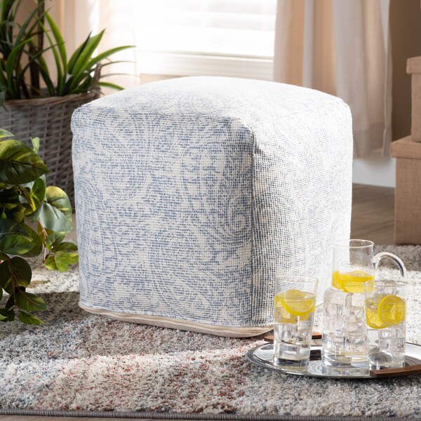 Baxton Studio Juvita Ivory and Blue Handwoven Cotton Paisley Pouf Ottoman - 158-9705
