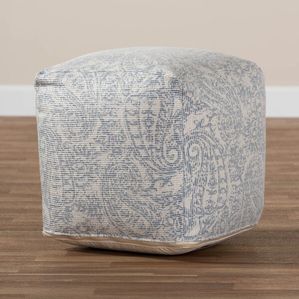 Baxton Studio Juvita Ivory and Blue Handwoven Cotton Paisley Pouf Ottoman - 158-9705