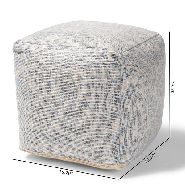 Baxton Studio Juvita Ivory and Blue Handwoven Cotton Paisley Pouf Ottoman - 158-9705