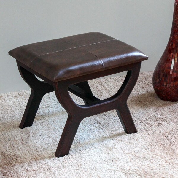 International Caravan Faux Leather Rectangular Wood Stool, Saddle Brown - YWLF-2138-BR