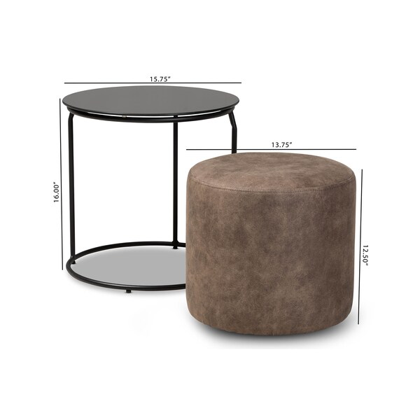 Baxton Studio Kira Black with Grey and Brown 2-Piece Nesting Table and Ottoman Set - 160-9917