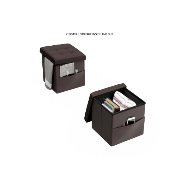 Hastings Home Foldable Storage Cube Ottoman with Pocket, Tufted Faux Leather Footrest Organizer for Bedroom, Brown - 478779JWA