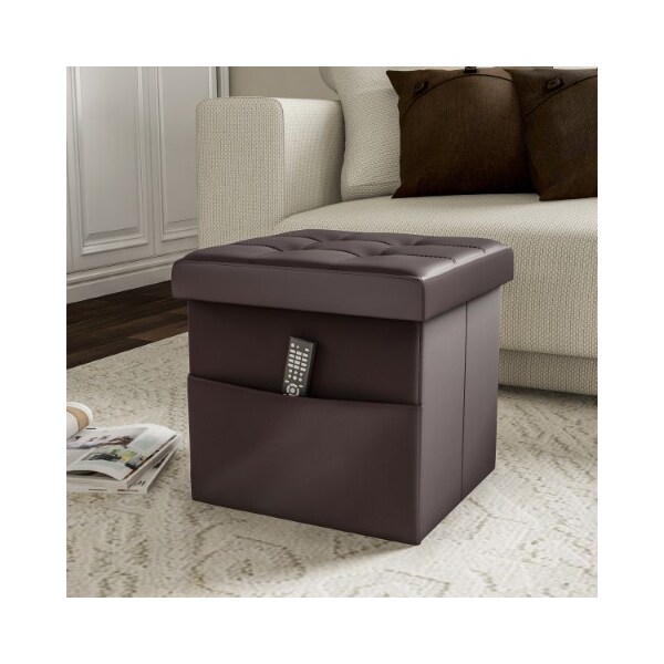 Hastings Home Foldable Storage Cube Ottoman with Pocket, Tufted Faux Leather Footrest Organizer for Bedroom, Brown - 478779JWA