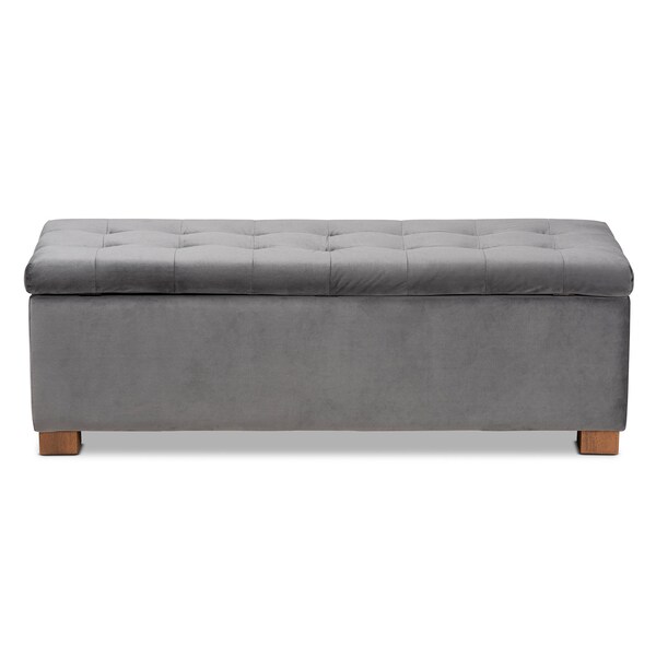 Baxton Studio Roanoke Grey Velvet Upholstered Grid-Tufted Storage Ottoman Bench - 160-9928