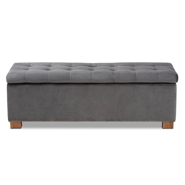 Baxton Studio Roanoke Grey Velvet Upholstered Grid-Tufted Storage Ottoman Bench - 160-9928