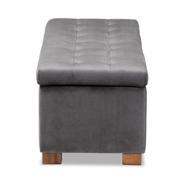 Baxton Studio Roanoke Grey Velvet Upholstered Grid-Tufted Storage Ottoman Bench - 160-9928