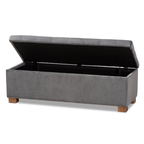 Baxton Studio Roanoke Grey Velvet Upholstered Grid-Tufted Storage Ottoman Bench - 160-9928