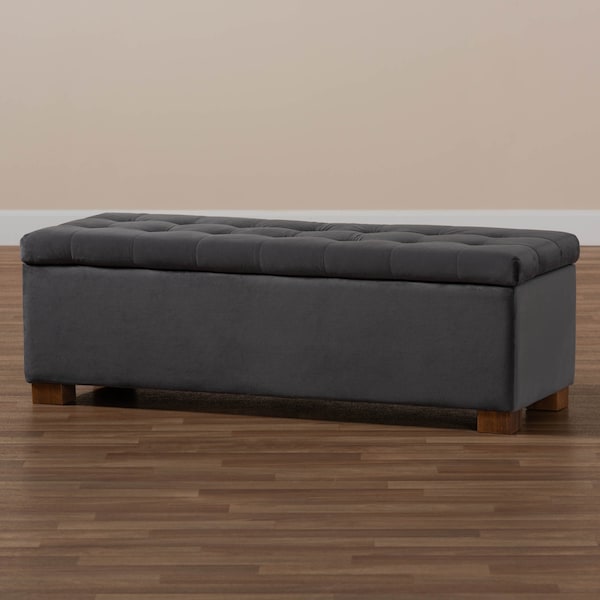 Baxton Studio Roanoke Grey Velvet Upholstered Grid-Tufted Storage Ottoman Bench - 160-9928