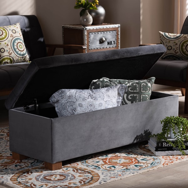 Baxton Studio Roanoke Grey Velvet Upholstered Grid-Tufted Storage Ottoman Bench - 160-9928