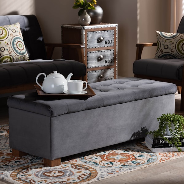 Baxton Studio Roanoke Grey Velvet Upholstered Grid-Tufted Storage Ottoman Bench - 160-9928