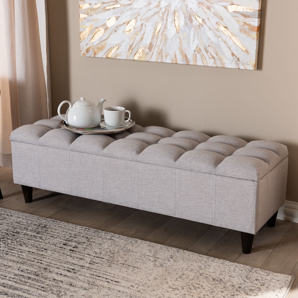 Baxton Studio Brette Beige Upholstered Brown Wood Storage Bench Ottoman - 155-9106