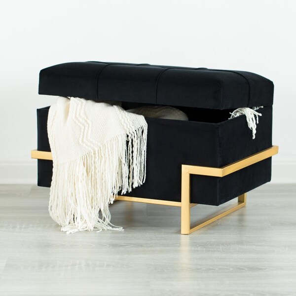 Kd Americana 14 x 20 x 14 in. Rectangular Velvet Storage Ottoman with Gold Legs, Black - KD2641650