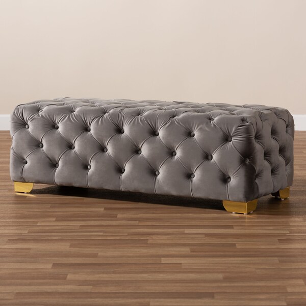 Baxton Studio Avara Gray Velvet Upholstered Gold Finished Tufted Bench Ottoman - 154-9370