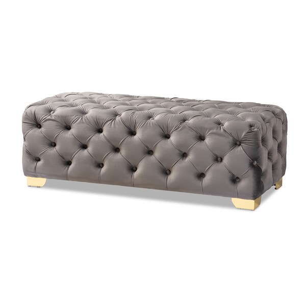 Baxton Studio Avara Gray Velvet Upholstered Gold Finished Tufted Bench Ottoman - 154-9370