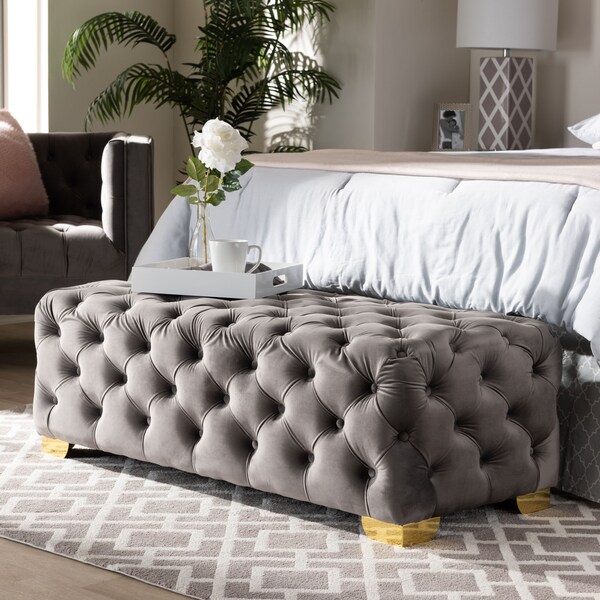 Baxton Studio Avara Gray Velvet Upholstered Gold Finished Tufted Bench Ottoman - 154-9370