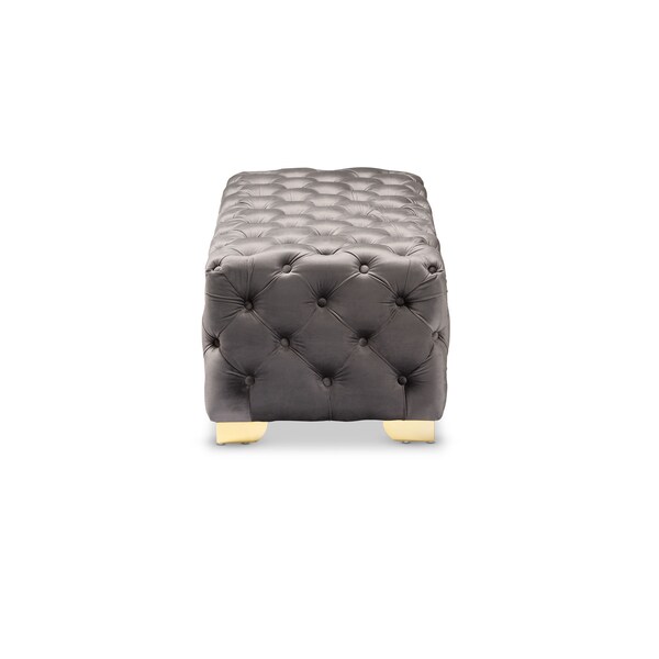 Baxton Studio Avara Gray Velvet Upholstered Gold Finished Tufted Bench Ottoman - 154-9370