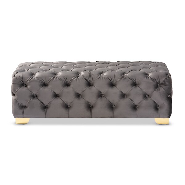 Baxton Studio Avara Gray Velvet Upholstered Gold Finished Tufted Bench Ottoman - 154-9370