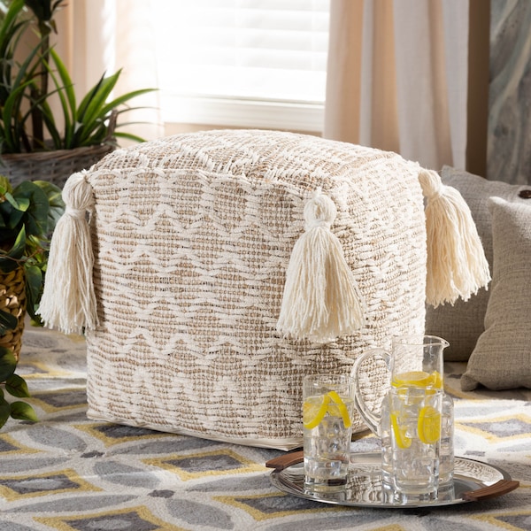 Baxton Studio Noland Natural and Ivory Handwoven Cotton and Hemp Pouf Ottoman - 158-9717