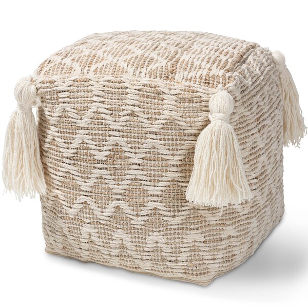 Baxton Studio Noland Natural and Ivory Handwoven Cotton and Hemp Pouf Ottoman - 158-9717