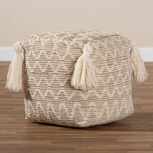 Baxton Studio Noland Natural and Ivory Handwoven Cotton and Hemp Pouf Ottoman - 158-9717