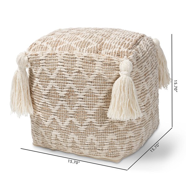 Baxton Studio Noland Natural and Ivory Handwoven Cotton and Hemp Pouf Ottoman - 158-9717