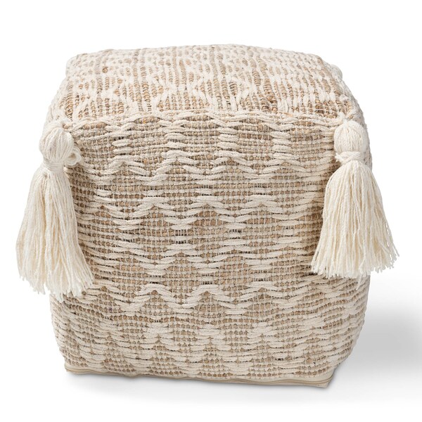 Baxton Studio Noland Natural and Ivory Handwoven Cotton and Hemp Pouf Ottoman - 158-9717