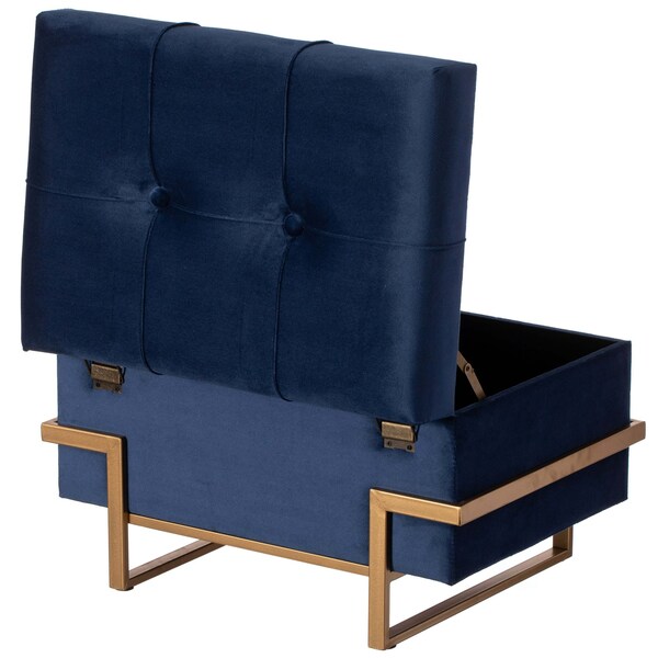 Fabulaxe Velvet Storage Ottoman Stool Box with Abstract Golden Legs - Decorative Sitting Bench, Blue Small - QI003939.BL