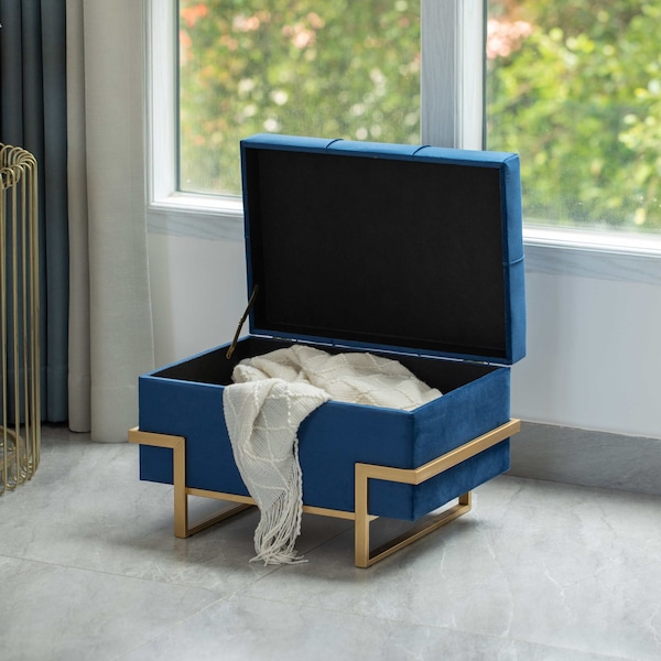 Fabulaxe Velvet Storage Ottoman Stool Box with Abstract Golden Legs - Decorative Sitting Bench, Blue Small - QI003939.BL