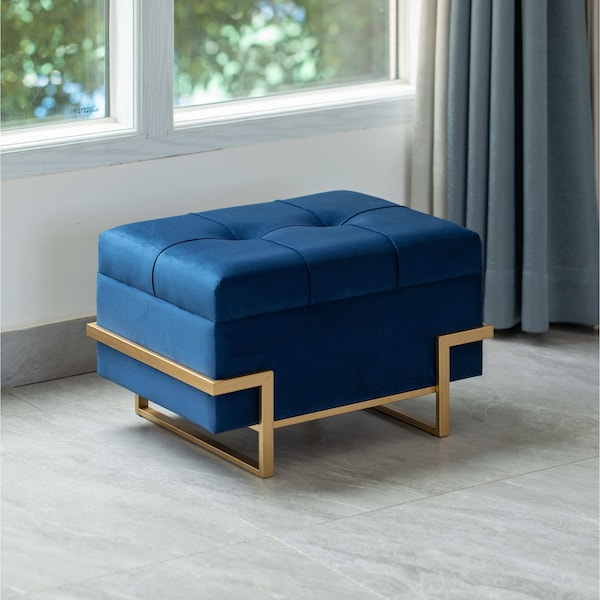 Fabulaxe Velvet Storage Ottoman Stool Box with Abstract Golden Legs - Decorative Sitting Bench, Blue Small - QI003939.BL