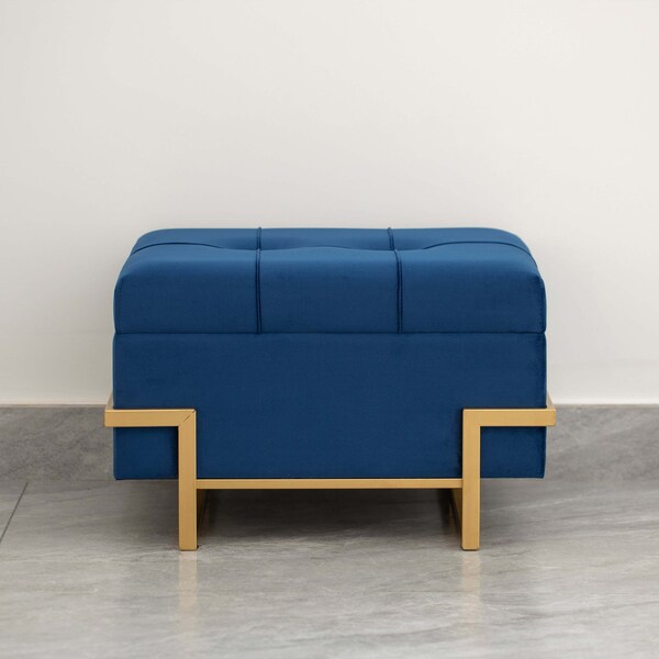 Fabulaxe Velvet Storage Ottoman Stool Box with Abstract Golden Legs - Decorative Sitting Bench, Blue Small - QI003939.BL