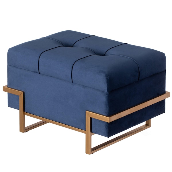 Fabulaxe Velvet Storage Ottoman Stool Box with Abstract Golden Legs - Decorative Sitting Bench, Blue Small - QI003939.BL